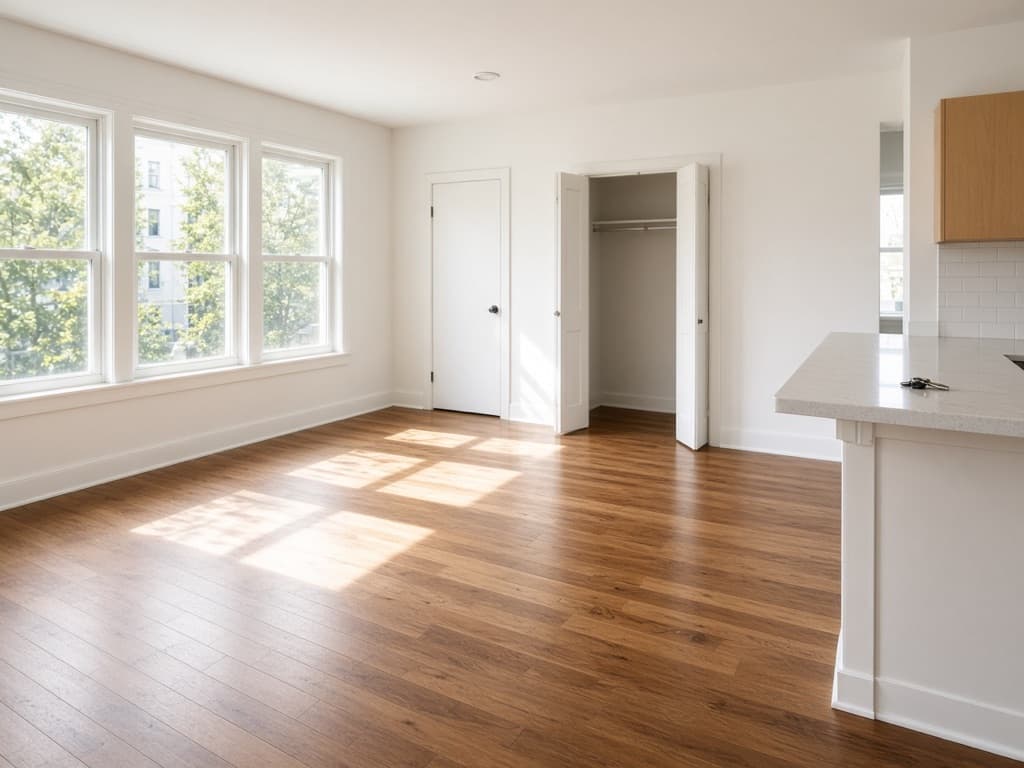 Illustration of an empty, freshly cleaned apartment with hardwood floors